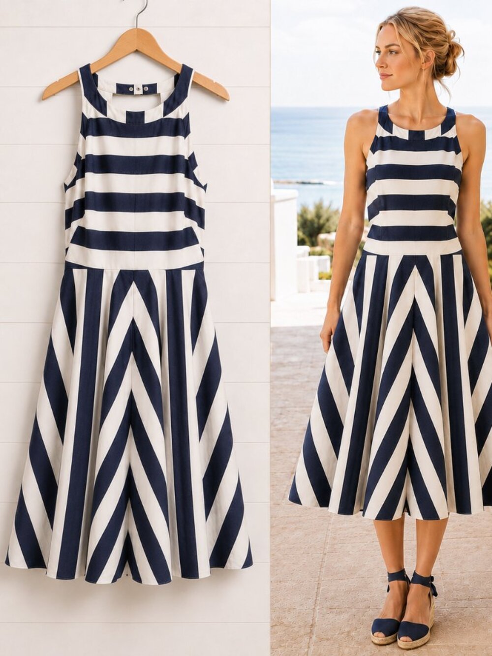 Eliza J Navy Ivory Stripe Open Back Cotton Maxi Dress 4 Coastal Wedding, Resort